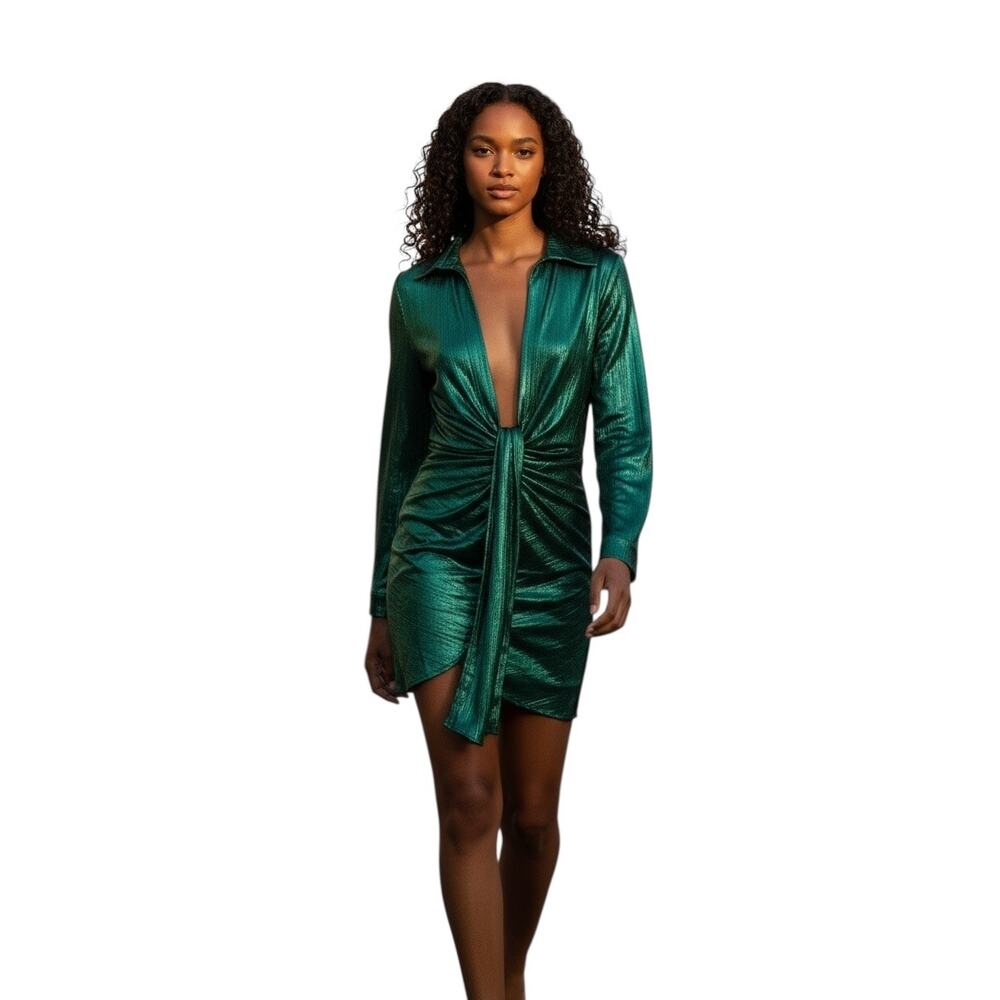 Women’s Long Sleeves Open Front Metallic Green Mini Dress Size M NWT